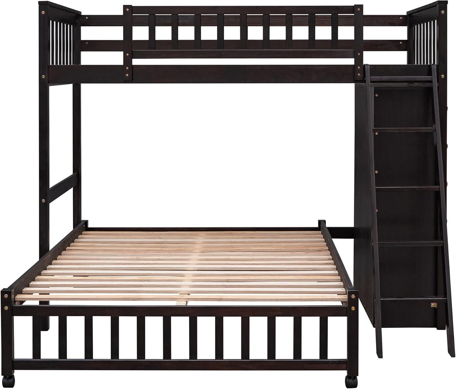Twin Over Full Loft Bunk Bed with Storage 6 Drawers Chest and 3 Shelves Bookcase Wood Bunked Beds Frame for Kids Boys Girls Teens, Espresso