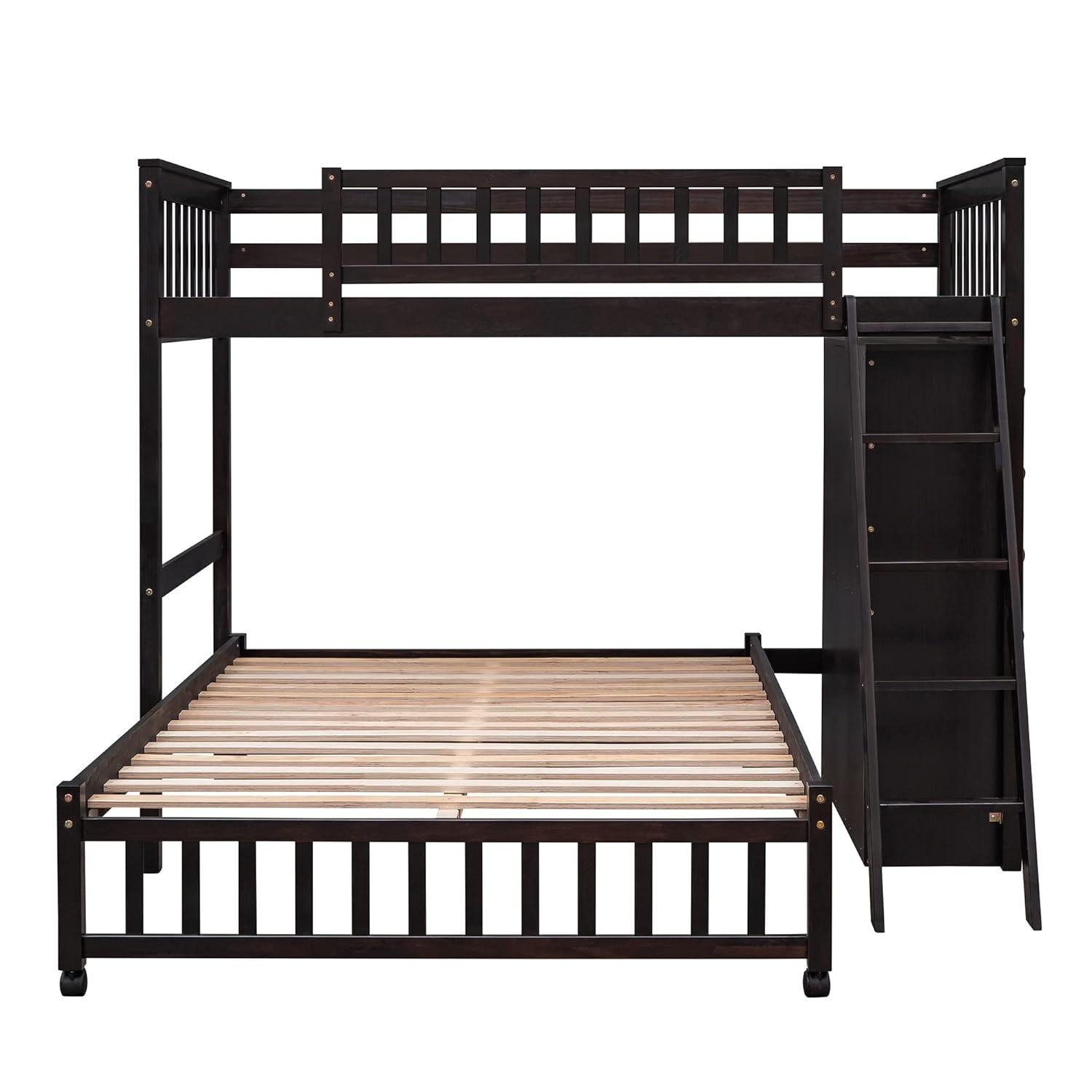 Twin Over Full Loft Bunk Bed with Storage 6 Drawers Chest and 3 Shelves Bookcase Wood Bunked Beds Frame for Kids Boys Girls Teens, Espresso