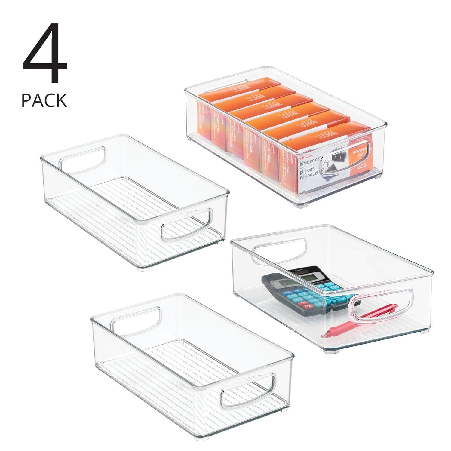 mDesign Small Plastic Office Storage Container Bins w/Handles for Organization in Filing Cabinet, Closet Shelf, Desk Drawers, Organizer for Notes, Pens, Pencils - Ligne Collection, 4 Pack - Clear