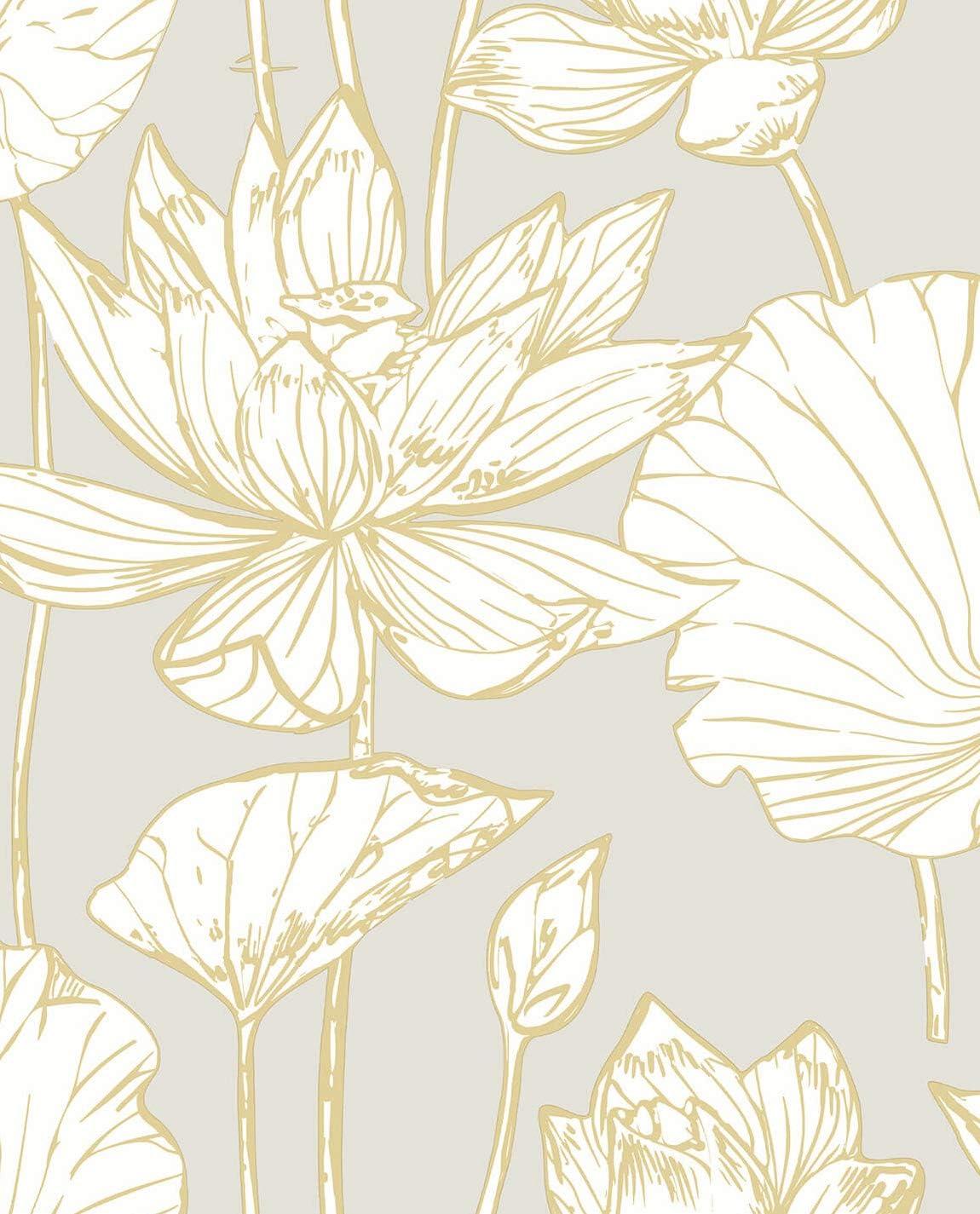 NextWall Lotus Floral Peel and Stick Wallpaper Light Gray: Adhesive Vinyl, Botanical Pattern, Contemporary Style, 30.75 Sq Ft Coverage