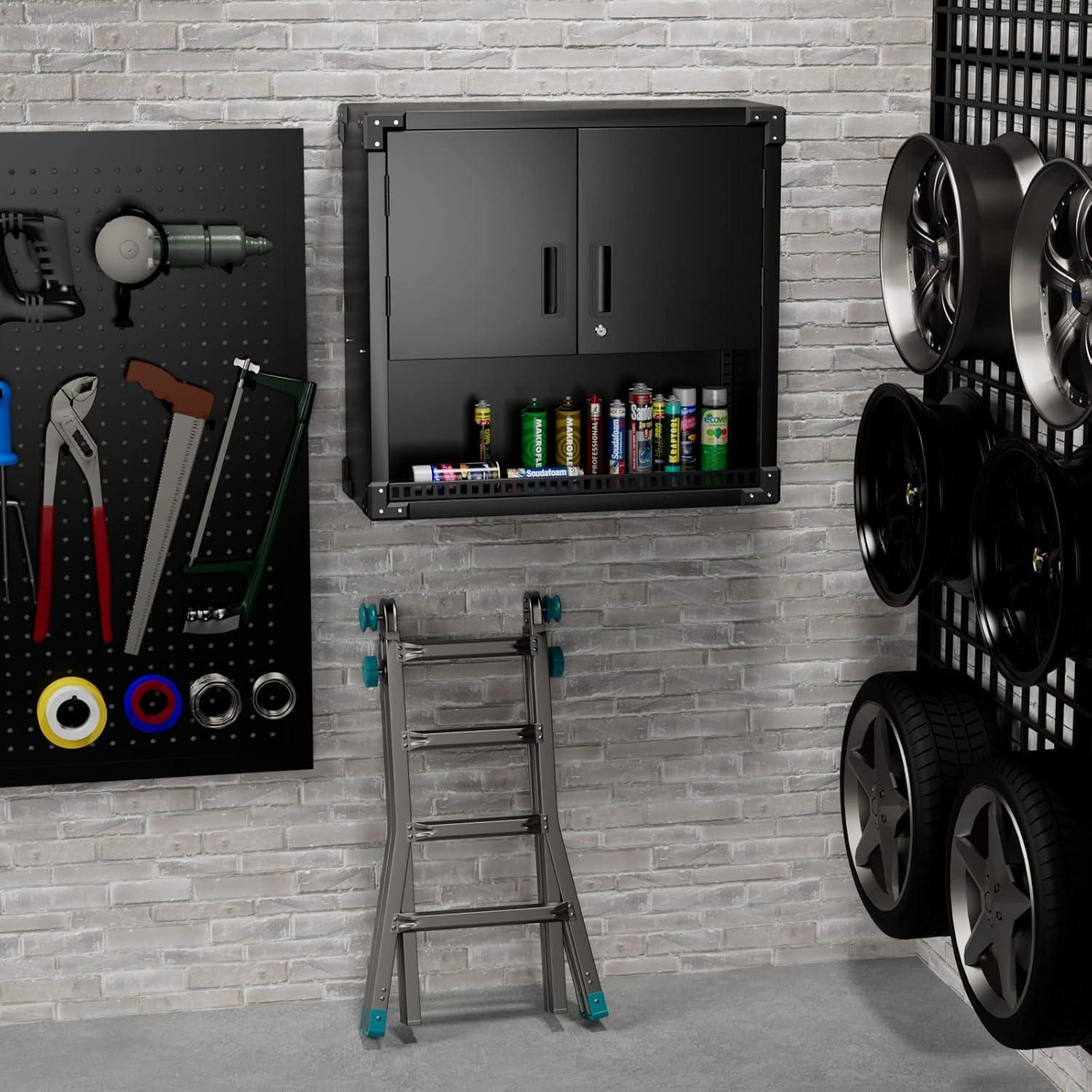 AOBABO Metal Garage Wall Mounted Storage Cabinet with Locking Door, Shelf, and Opened Drawer for Warehouse and Office Organization, Black