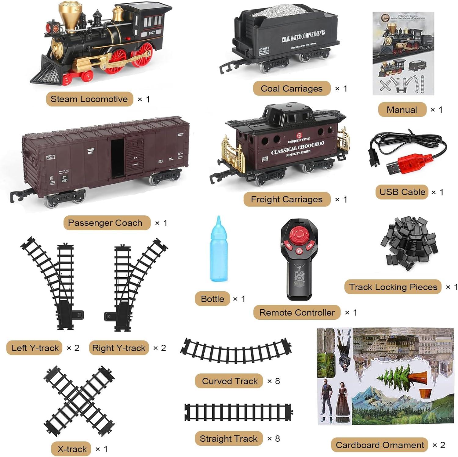 Train Set for Kids Remote Control Christmas Train Toys w/Steam Locomotive,Passenger Carriage & Luxury Tracks, Electric Trains w/Realistic Smoke,Sounds & Lights, Birthday Gift for Boys Girls 3 4 5 6 7