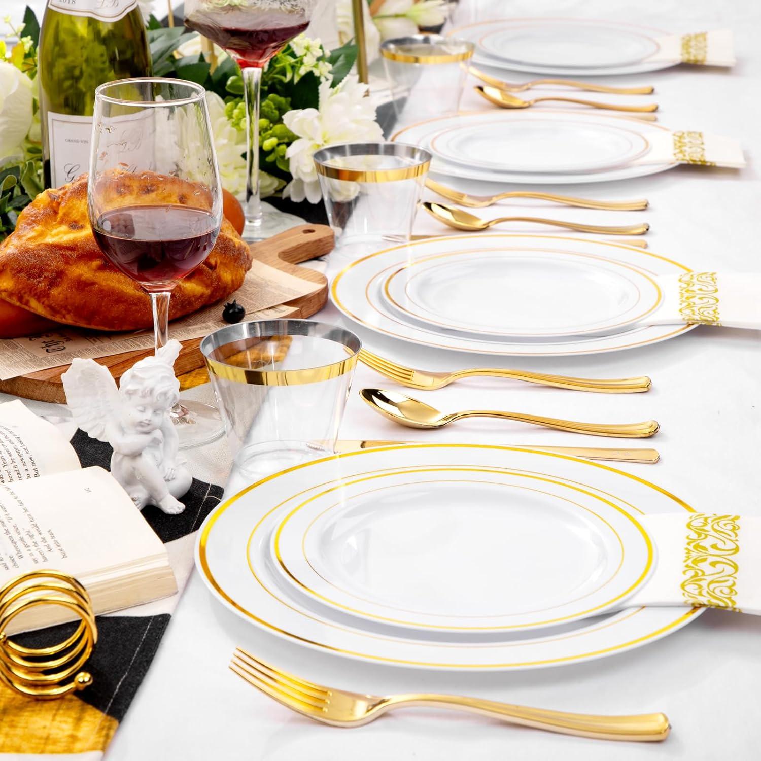 FOCUSLINE 350 Piece Gold Rim Dinnerware Set, Disposable Plastic Plates for Party or Wedding-100 Plastic Plates-50 Plastic Silverware-50 Plastic Cups-50 Linen Feel Napkins(50 Guest)