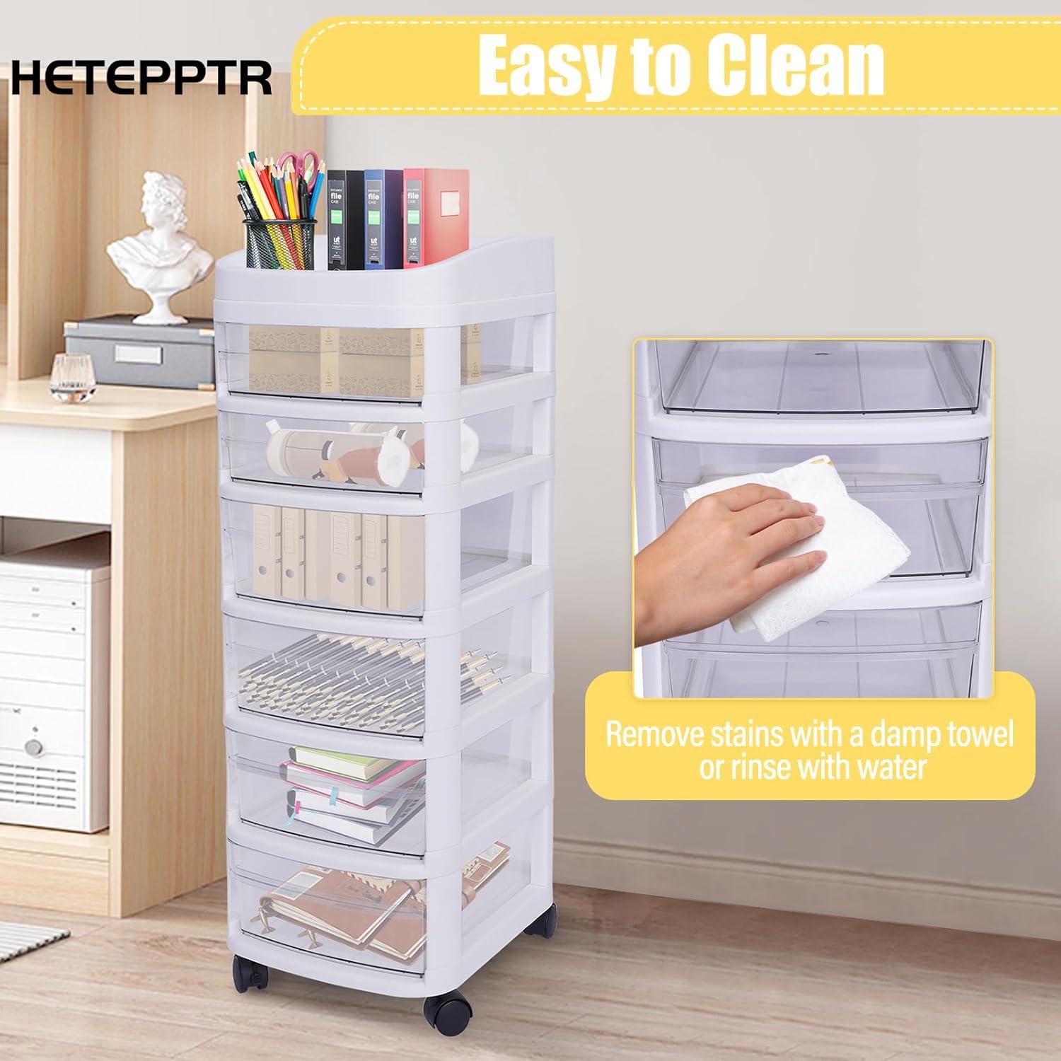 White 6-Tier Plastic Rolling Storage Cart with Clear Drawers