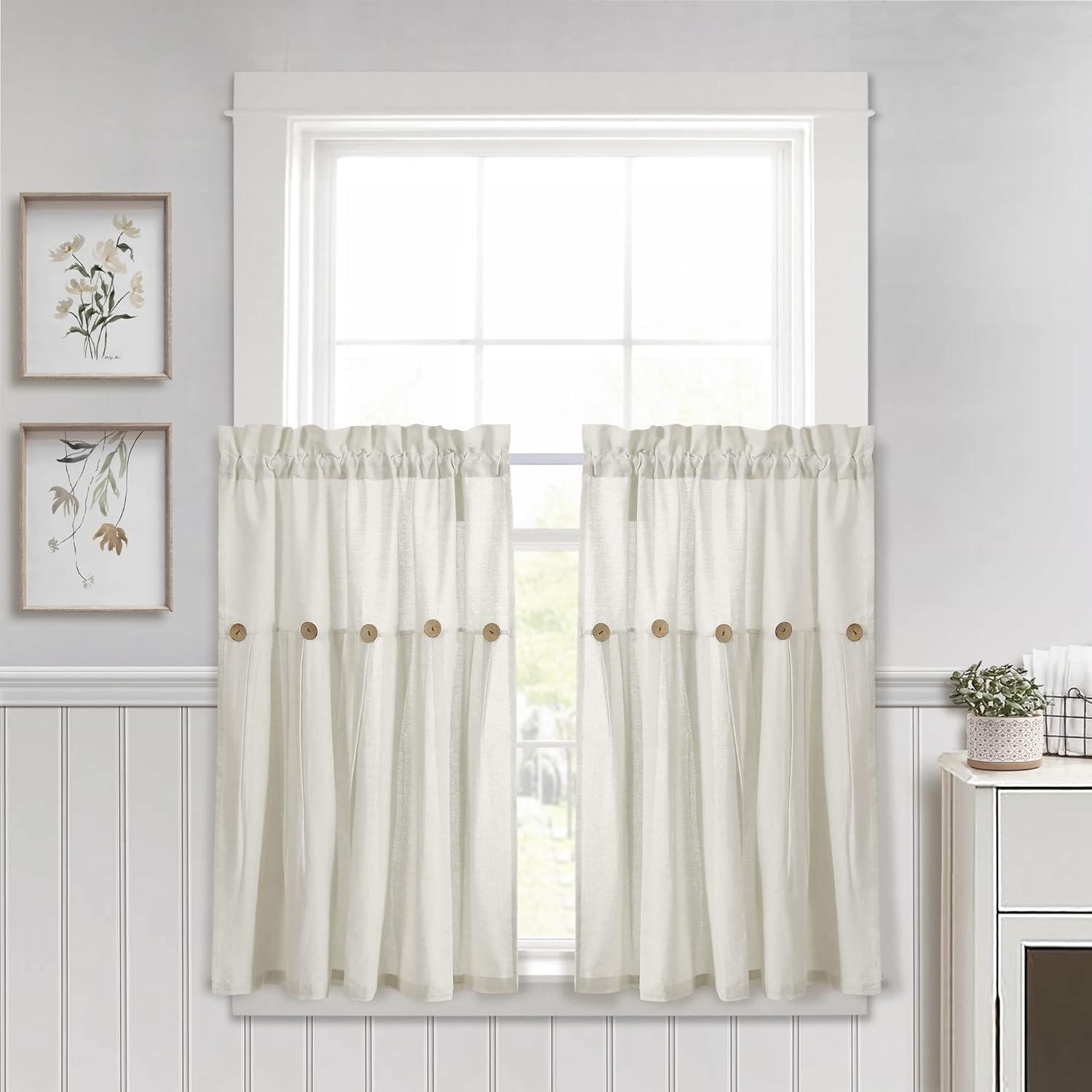 Set of 2 (36"x29") Farmhouse Linen Button Kitchen Curtain Tiers Off White - Lush Décor: Solid Cotton & Linen Rod Pocket