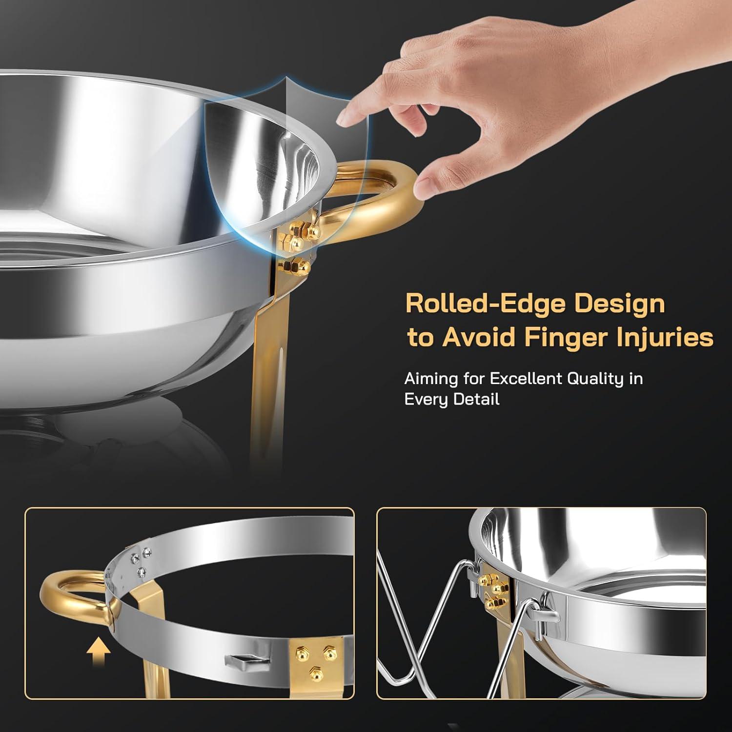 WhizMax Chafing Dish Buffet Set 2 Pack 5QT, Stainless Steel Round Chafing Dishes for Buffet with Lid Holder & Glass Lid, Gold