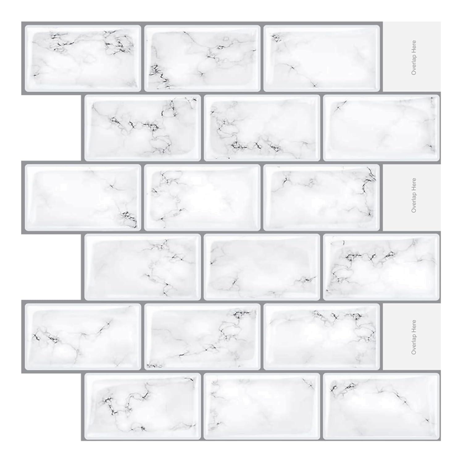 12" x 12" Vinyl Backsplash White Marble Peel & Stick Subway Tile