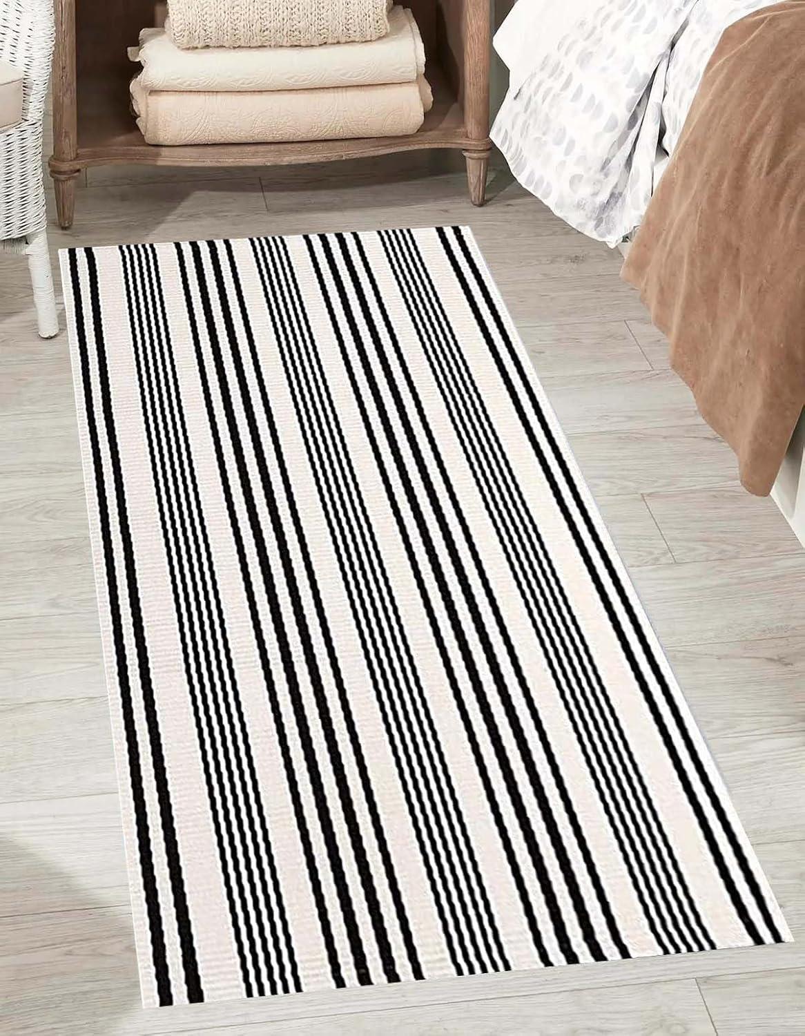 Black and White Striped Hand-Woven Outdoor Rug 24'' x 51''