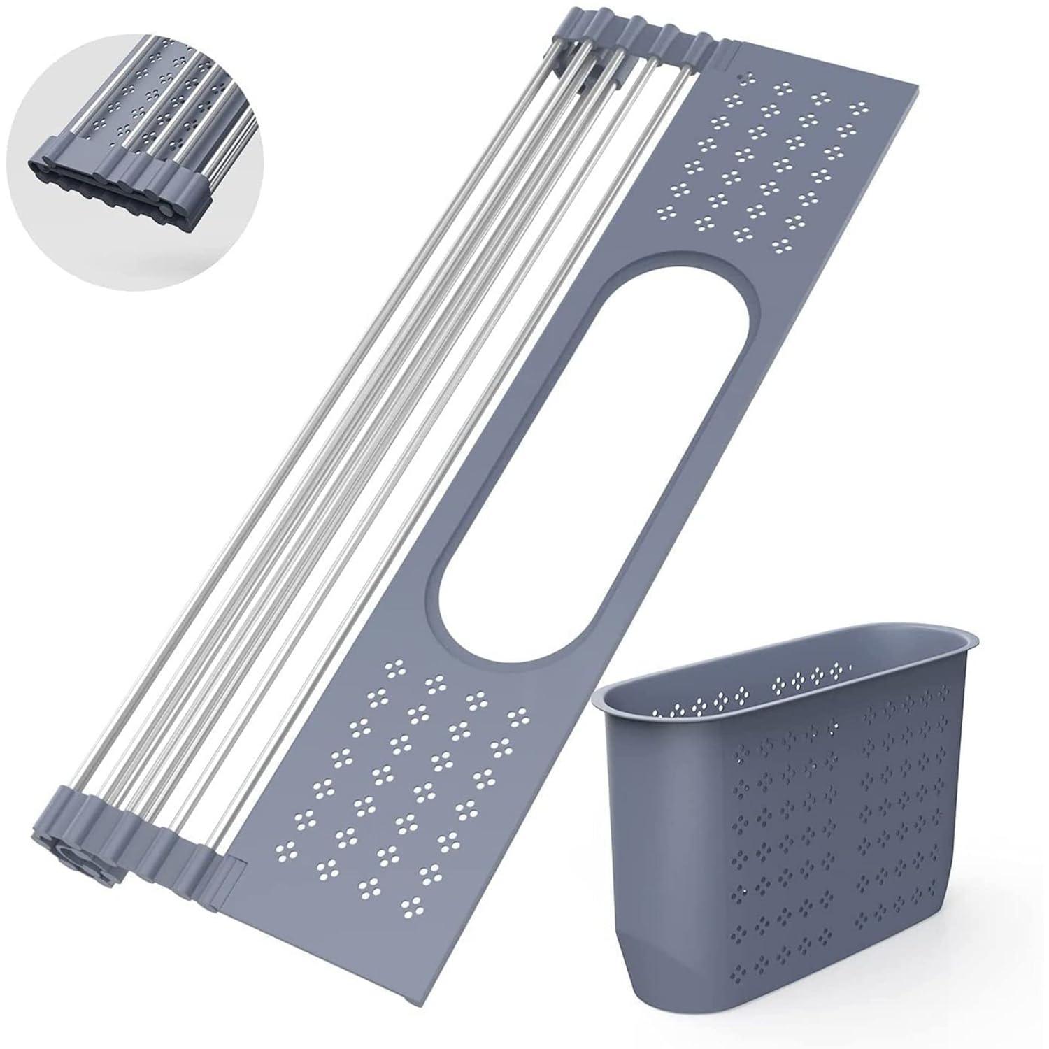 THE GLAMOUR BOUTIQUES Roll Up Dish Drying Rack 17.5" X 15.2" Over The Sink Dish Drying Rack, Multi-Purpose Kitchen Rolling Dish Drainer Foldable SUS 304 Stainless Steel Dish Drying Rack