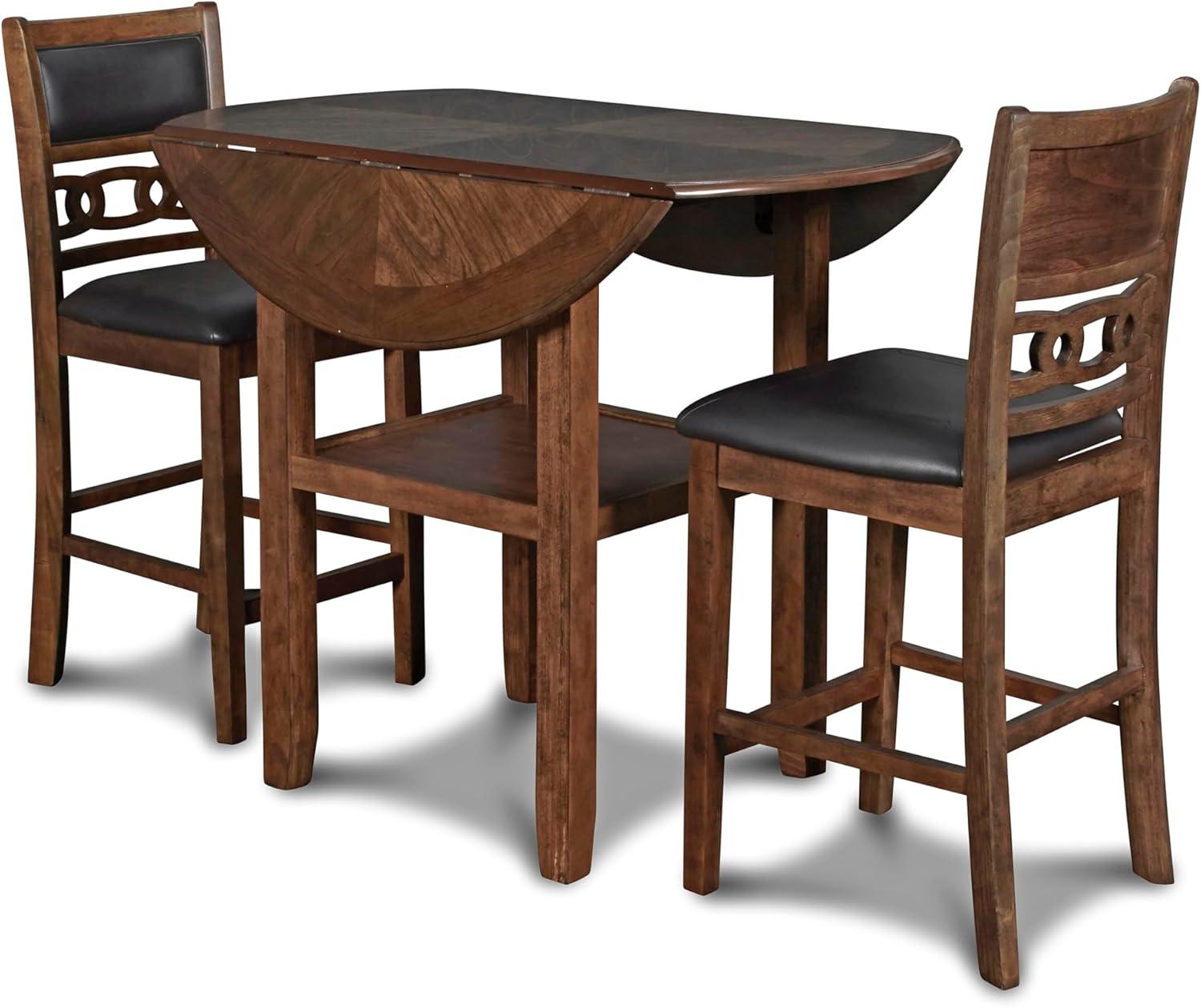 Brown Rubberwood Drop Leaf Counter Table Set with Black Upholstered Chairs