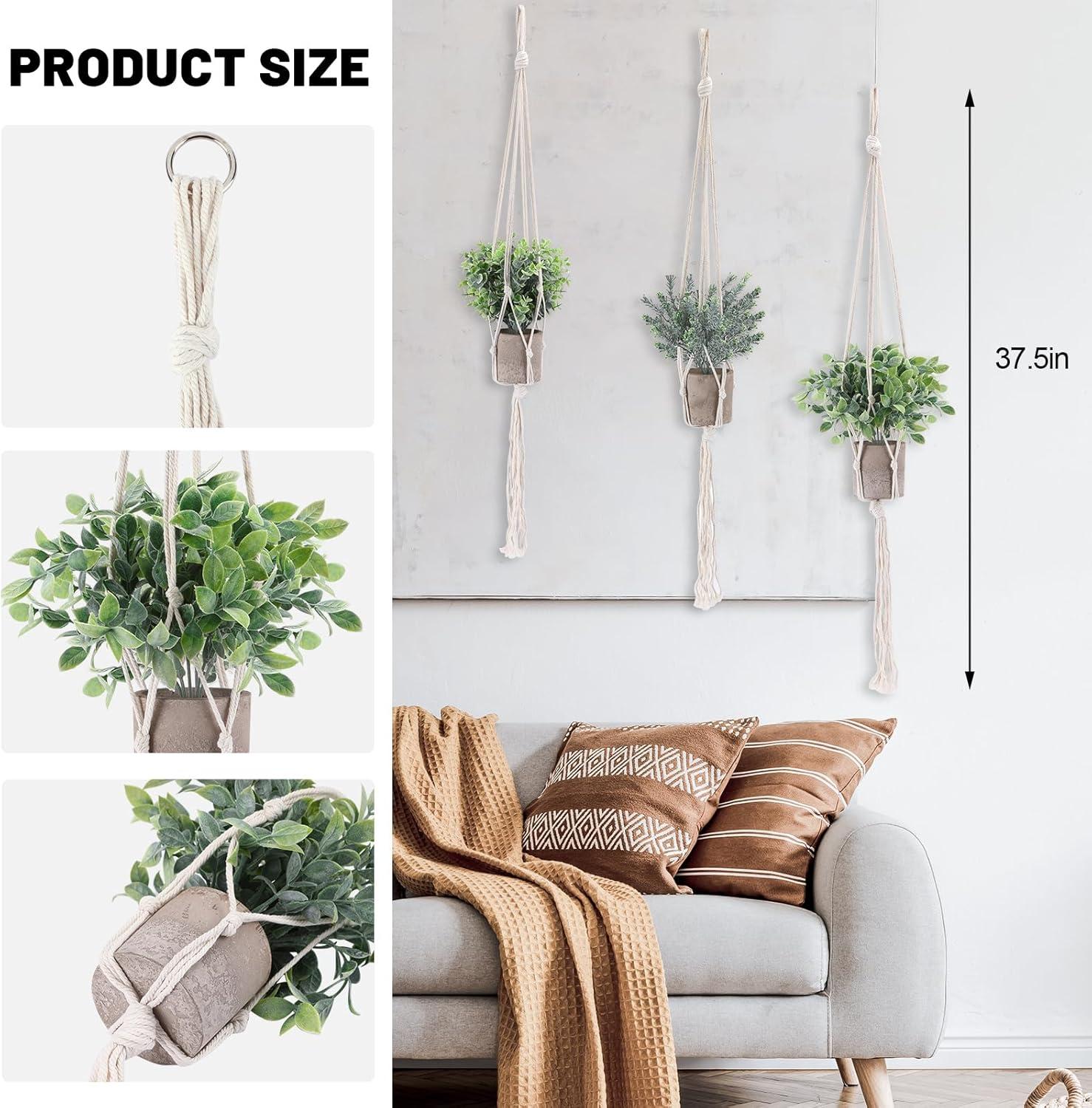 Artificial Plants 3 Pack Mini Fake Hanging with Macrame Plant Hangers Decorative Faux Greenery Decor for Shelves Wall Kitchen Farmhouse Bathroom Home Office