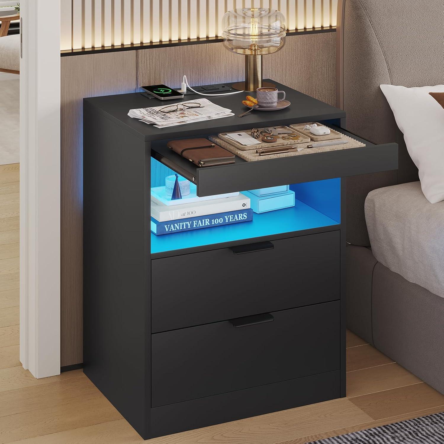 Exlonjet Black Nightstand with Wireless Charging Station and LED Lights, Bedside Table with 2 Drawers, Open Storage, 1 Pull-Out Tray, End Side Table with Charging Station, LED Night Stand with Storage