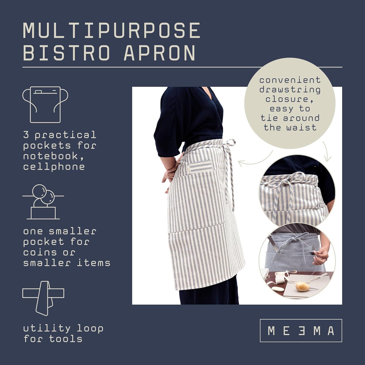 Denim Striped Upcycled Cotton Bistro Apron with Pockets