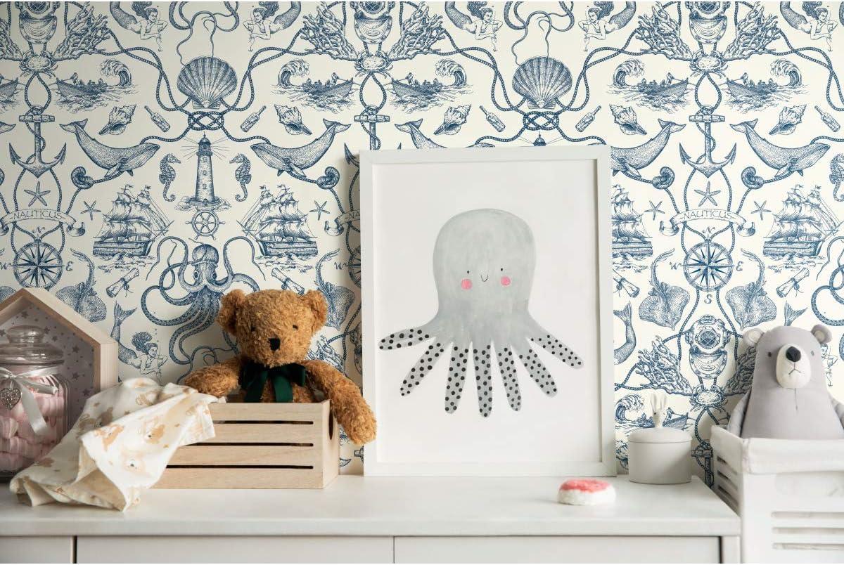 RoomMates Deep Sea Toile Blue Peel and Stick Wallpaper: Nautical Vinyl, Mermaid & Seahorses, Self-Adhesive, 28.18 Sq Ft Coverage