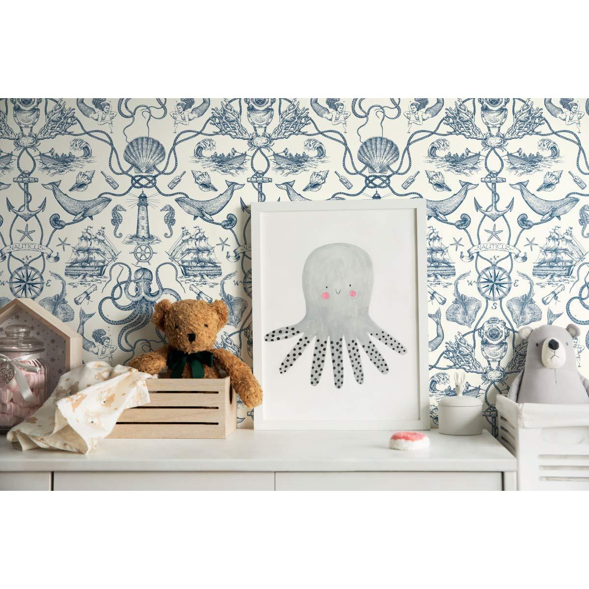 RoomMates Deep Sea Toile Blue Peel and Stick Wallpaper: Nautical Vinyl, Mermaid & Seahorses, Self-Adhesive, 28.18 Sq Ft Coverage