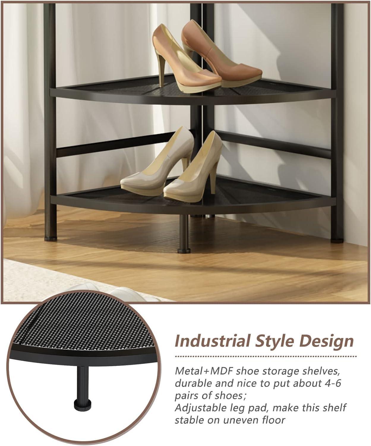 4-Tier Corner Coat Rack with Shoe Storage, Entryway Hall Tree with Bench and Hooks, Wooden Corner Clothes Rack Shoe Shelf Organizer for Home