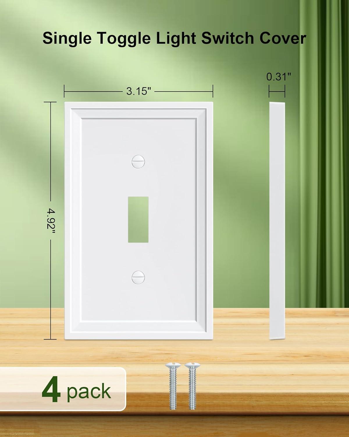 Modern Decorative Wall Plate Switch Plate Outlet Cover, Vintage Retro Wood Grain Design(Single Toggle-4 Pack, White)