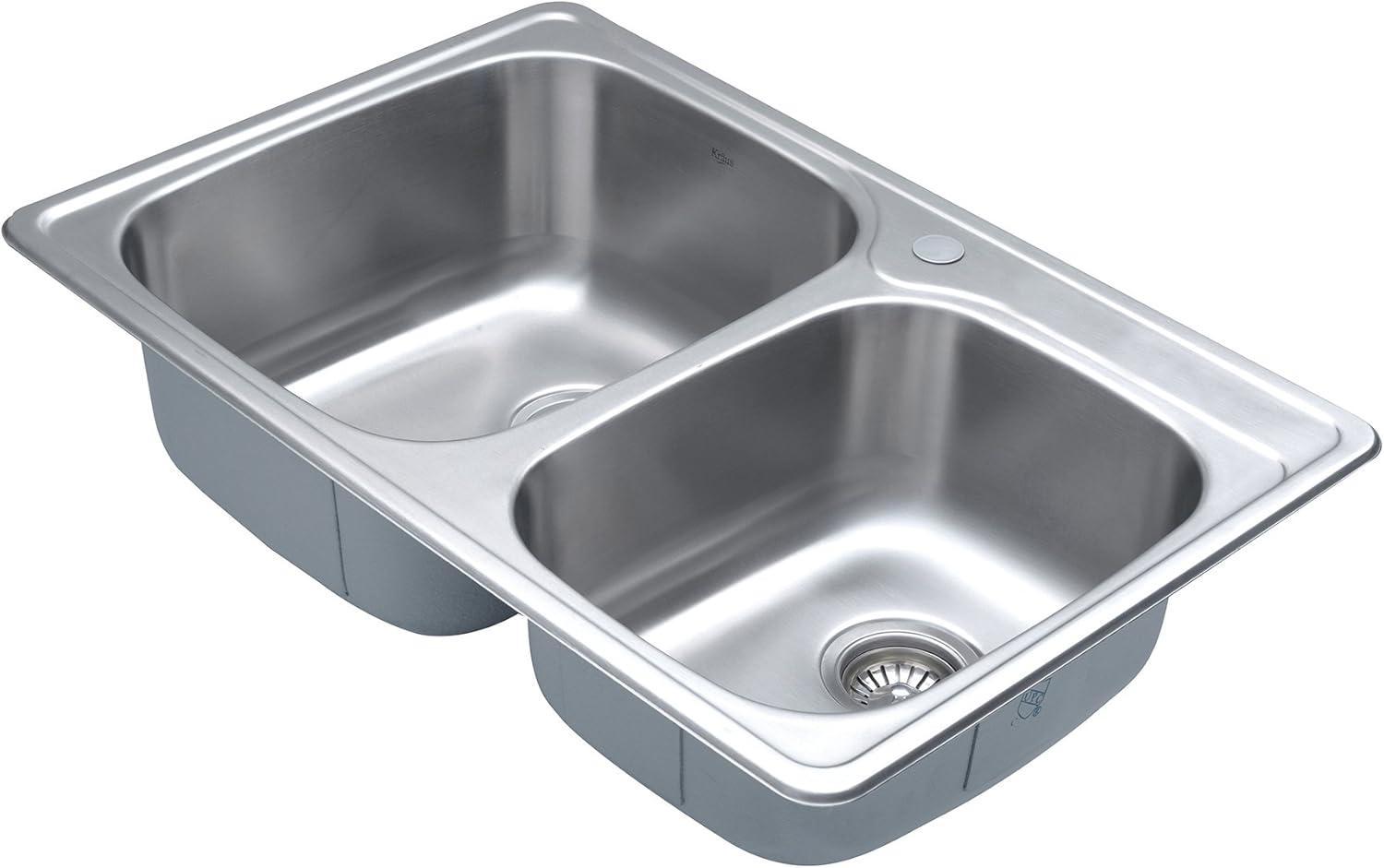 KRAUS 33 inch L Topmount 60/40 Double Bowl 18 Gauge Stainless Steel Kitchen Sink with NoiseDefend Soundproofing