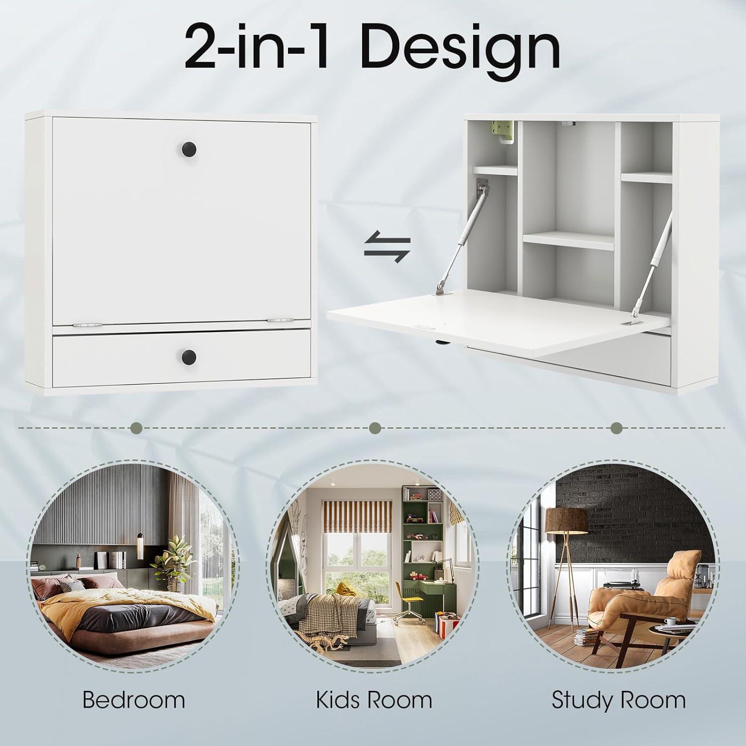 Tangkula Folding Wall Table - Floating Desk with Storage Drawer & Shelves (White)