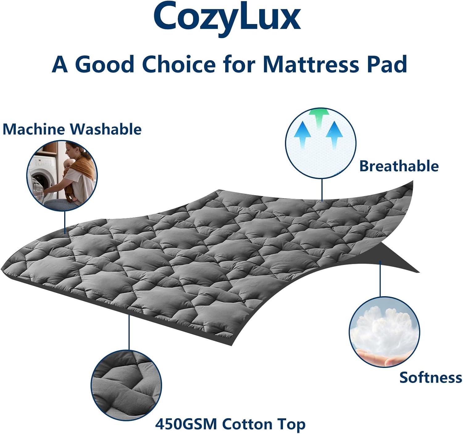 Full Dark Grey Cotton Quilted Mattress Pad with Deep Pockets