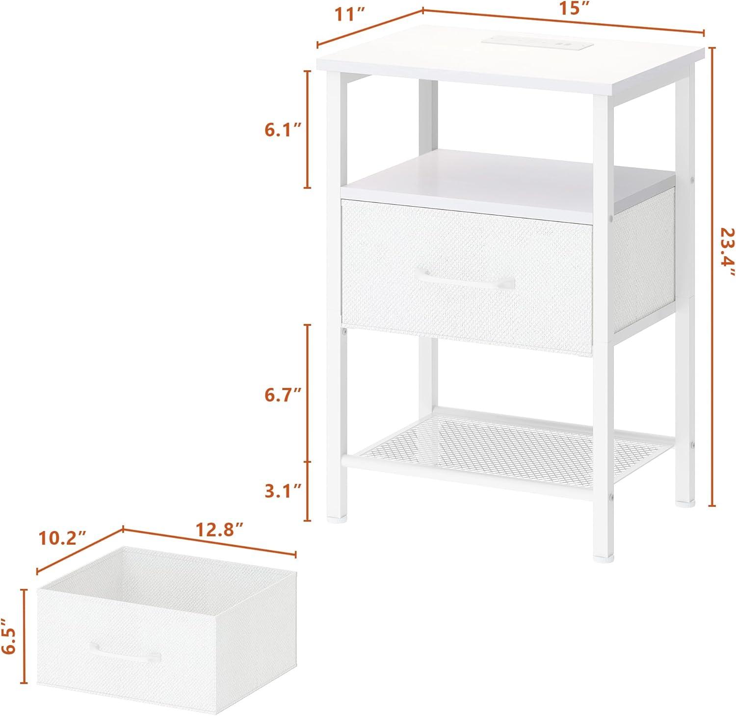 End Table with Charging Station, Narrow Side Table with 2 Fabric Drawers, Skinny Nightstand with LED Light, Slim Bedside Table for Bedroom, Living Room, Small Spaces, White