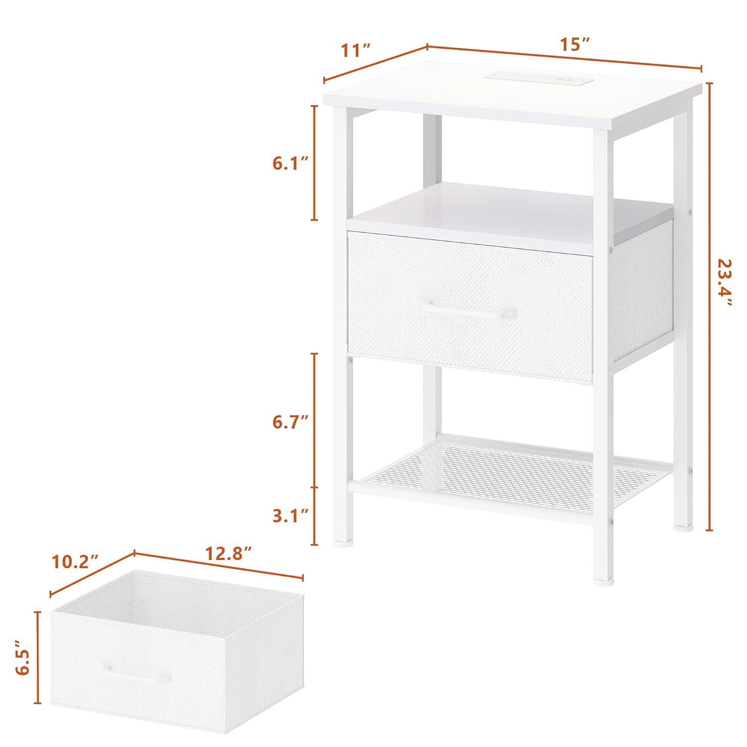 End Table with Charging Station, Narrow Side Table with 2 Fabric Drawers, Skinny Nightstand with LED Light, Slim Bedside Table for Bedroom, Living Room, Small Spaces, White