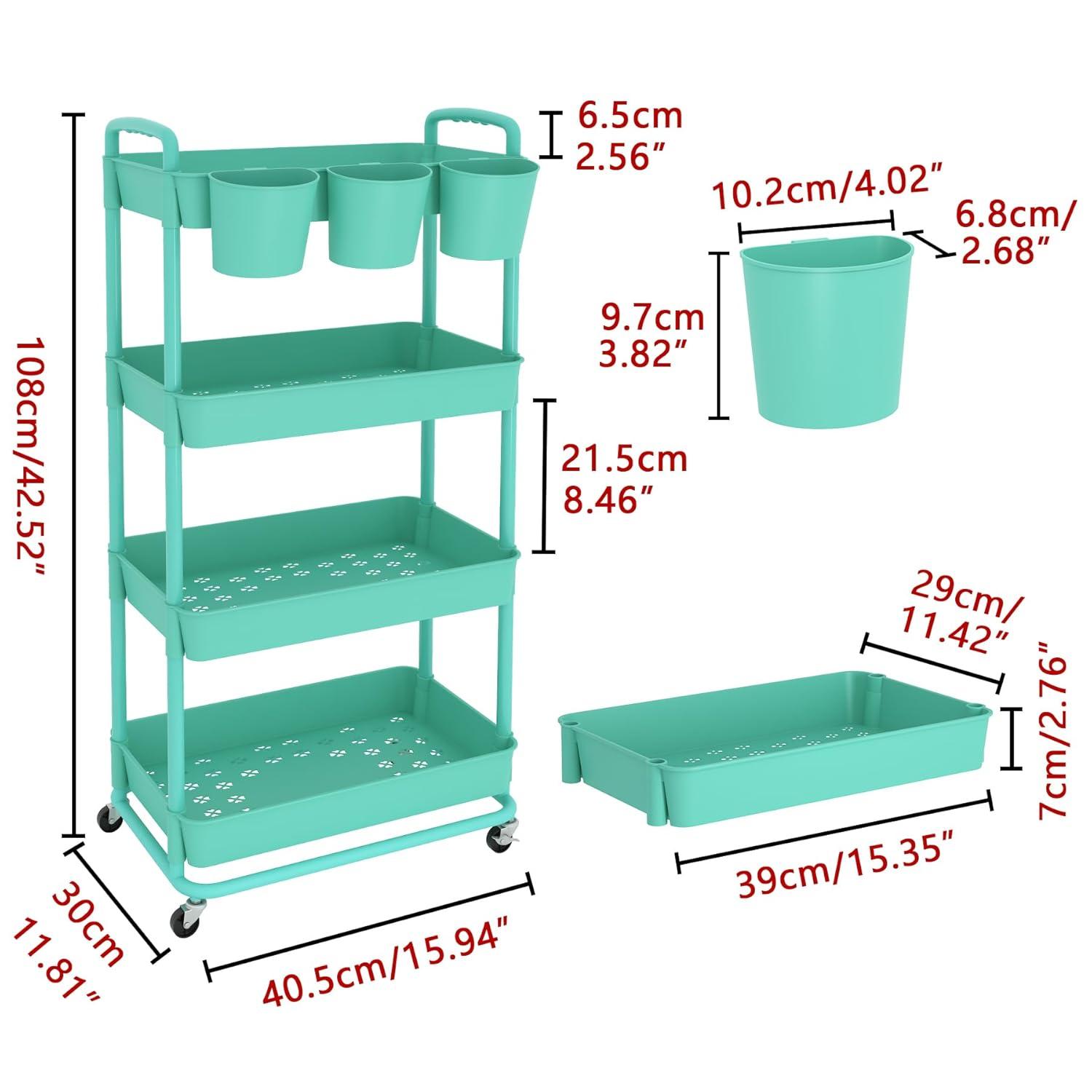 JIUYOTREE 4-Tier Plastic Rolling Storage Cart Utility Cart with Extra Hanging Cups Handles Lockable Wheels for Living Room Bathroom Kitchen Office Green