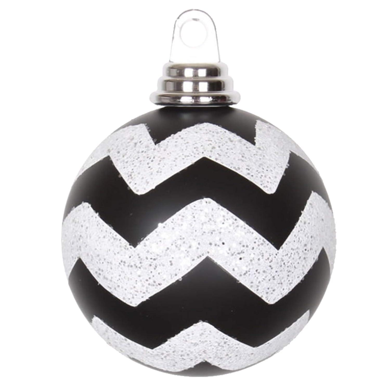 Vickerman 4" Black and White Matte Chevron Ball Christmas Ornament with Glitter Accents, 4 per Box