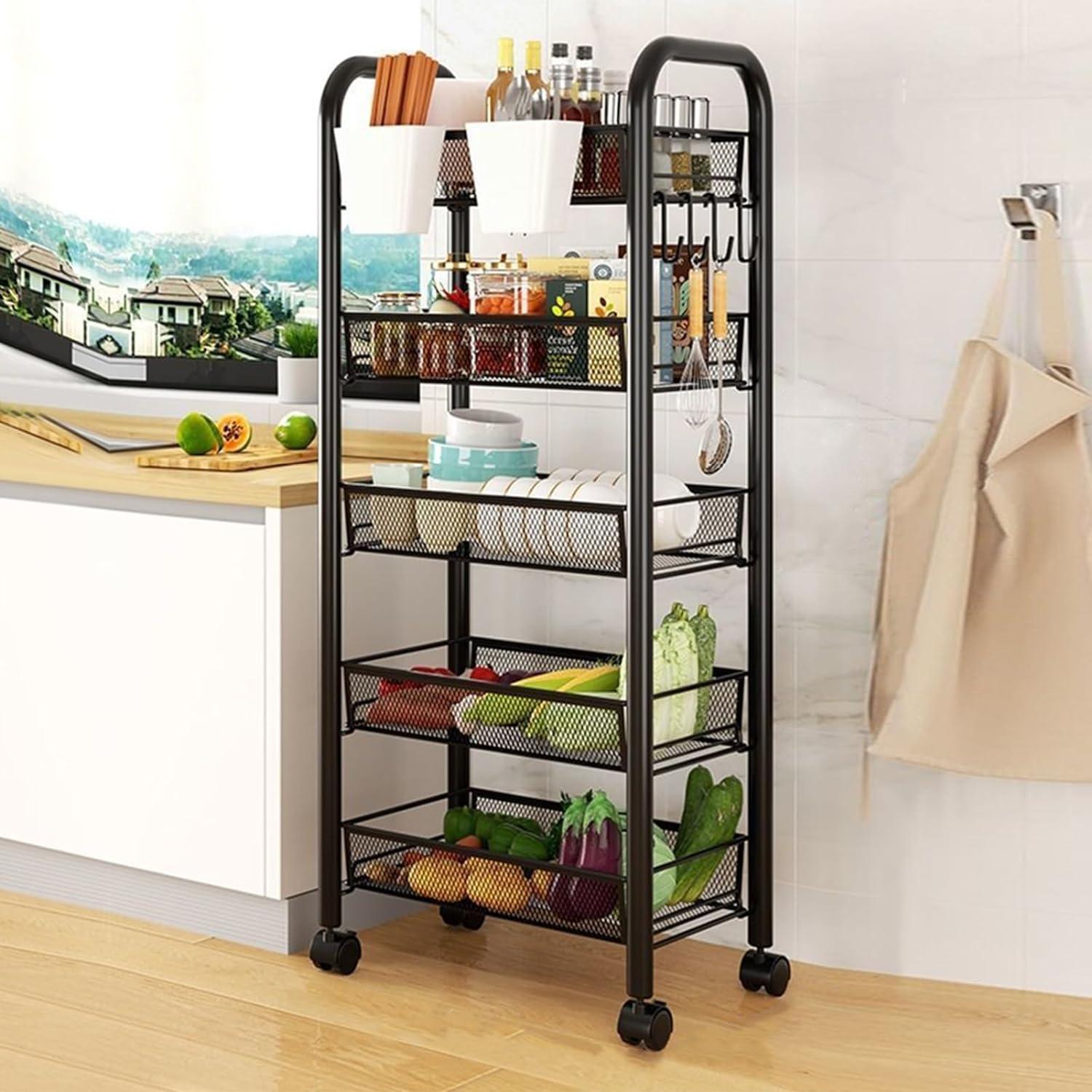 5-Tier Black Metal Mesh Kitchen Storage Cart with Wheels