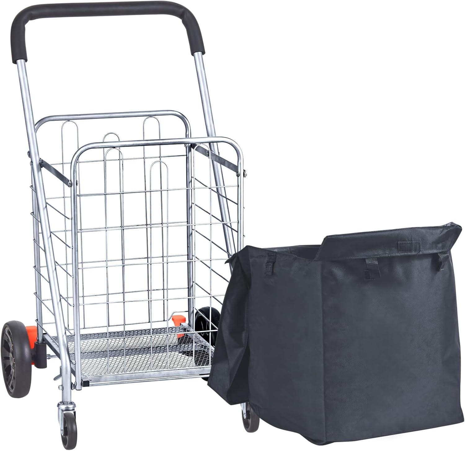 Silver Heavy Duty Folding Shopping Cart with Black Bag