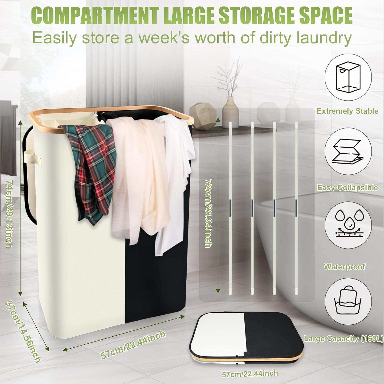 Efluky Laundry Basket with Lid and Removable Bag, 100L Tall Laundry Hamper with Bamboo Handles, Aesthetic Dirty Clothes Bin for Laundry Room, Bathroom, Bedroom and Dorm,Grey