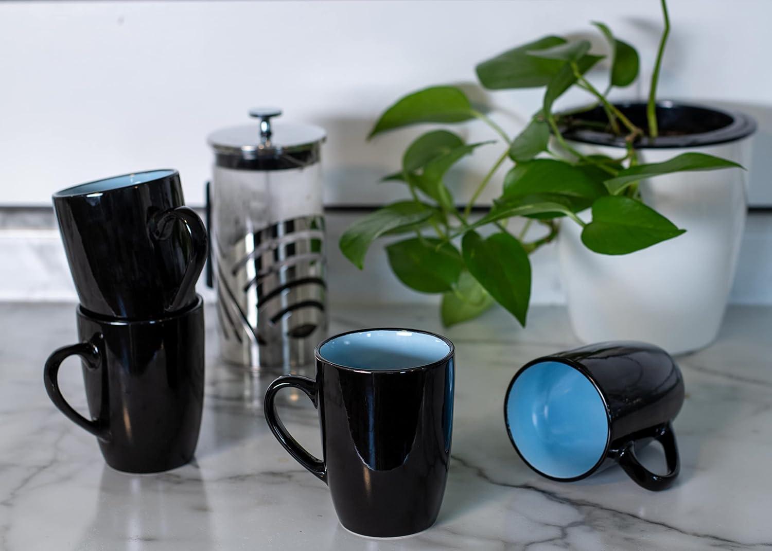 Elanze Designs Color Pop Pale Blue Black Exterior 16 ounce Glossy Ceramic Mugs Matching Set of 4