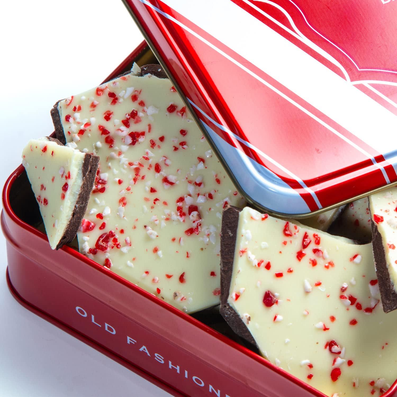 Golden State Fruit Traditional Dark and White Chocolate Peppermint Bark Christmas Gift Tin, 1 Pound