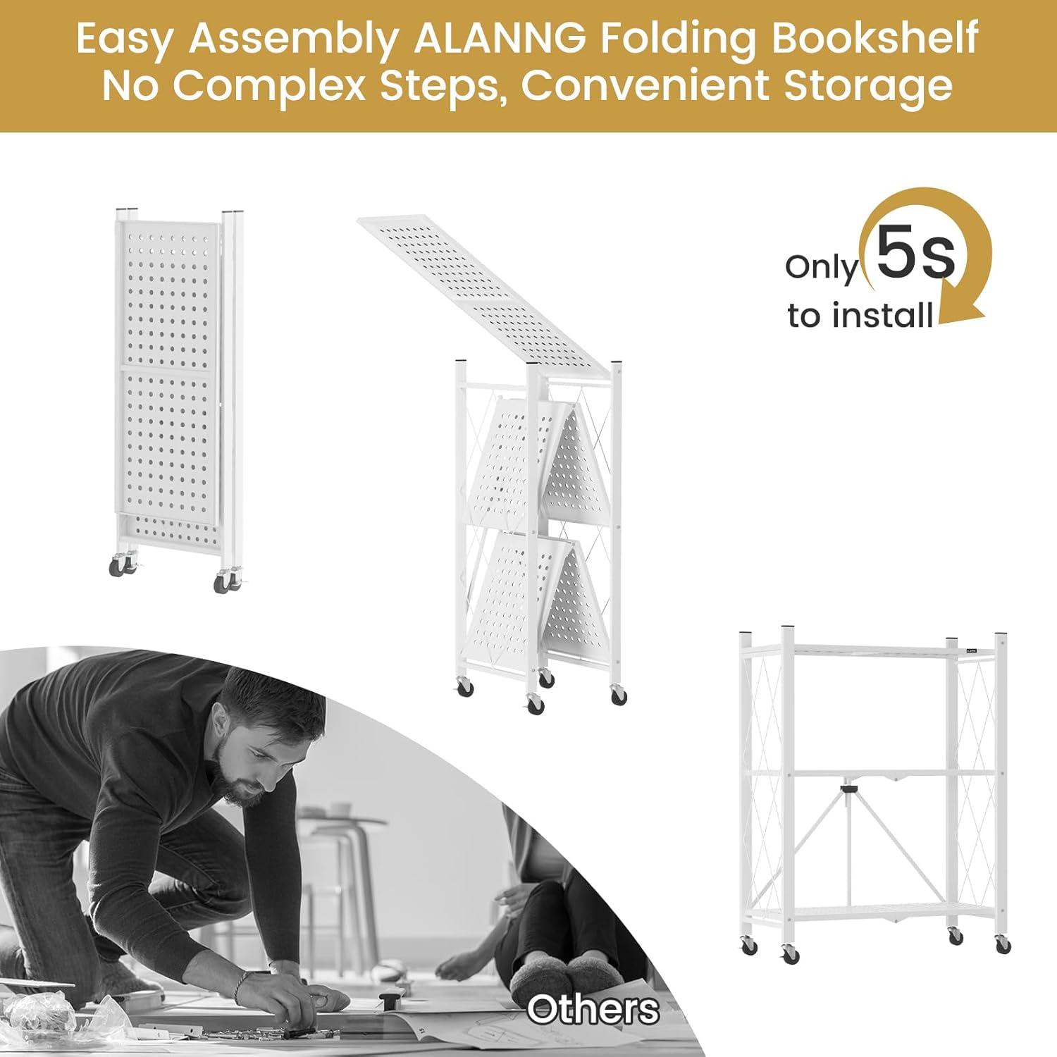 3-Tier Storage Shelves with Wheels, Folding Bookshelf No Assembly, Metal Display Shelf for Balcony, Kitchen, Basement, Pantry, White