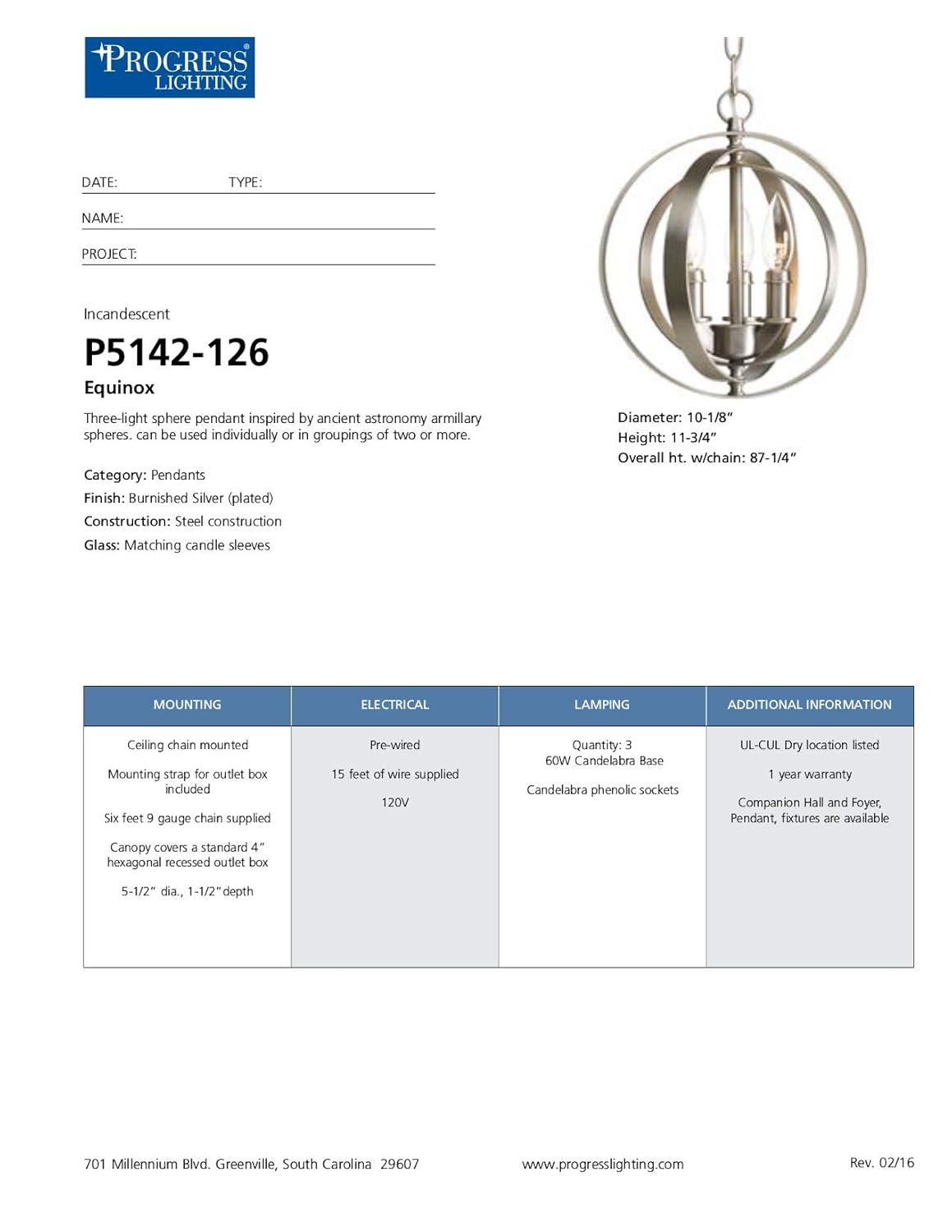 Progress Lighting Equinox 3-Light Mini-Pendant, Burnished Silver, Steel, Armillary Sphere Shade