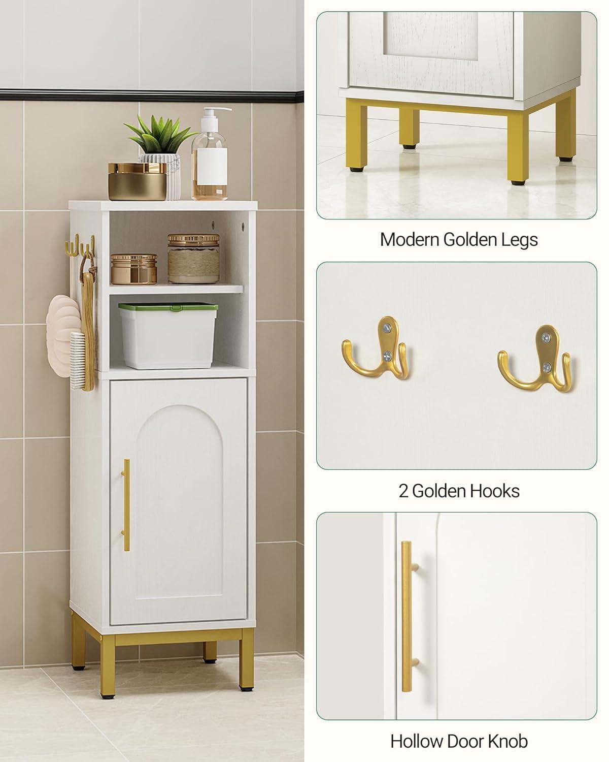 Bathroom Storage Cabinet, Corner Floor Cabinet with Door & Shelves, 2Hooks, Small Narrow Storage Organizer, Toilet Paper Cabinets for Small Space, White SC06313G