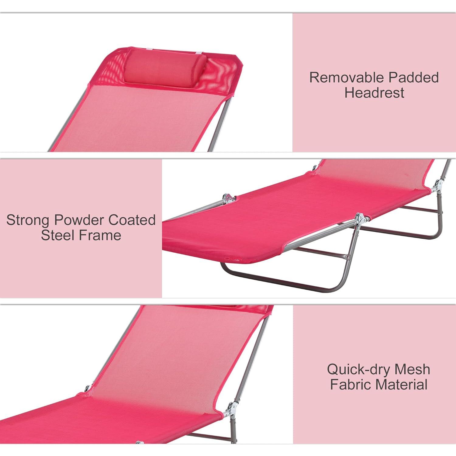 Outsunny Foldable Outdoor Chaise Lounge Chair, 5-Level Reclining Camping Tanning Chair with Breathable Mesh Fabric and Headrest, Pink