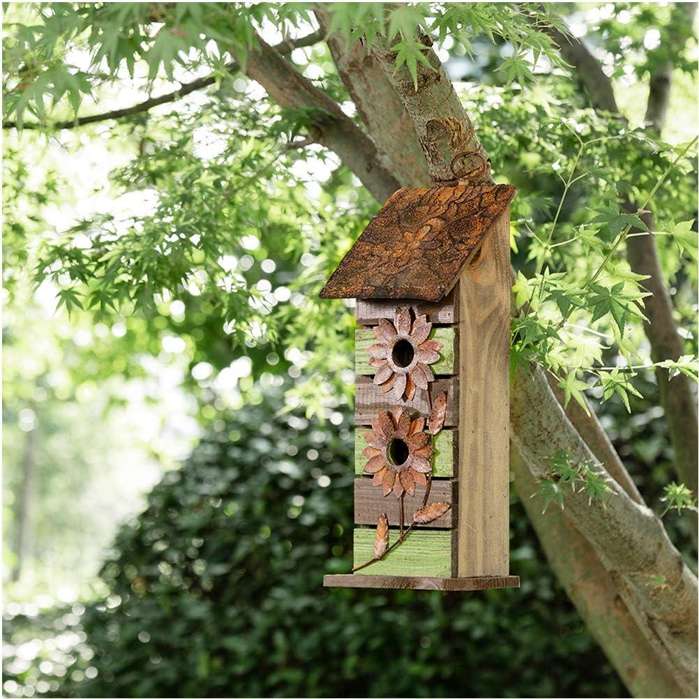 Rustic Two-Tiered Wooden Birdhouse with Metal Flowers