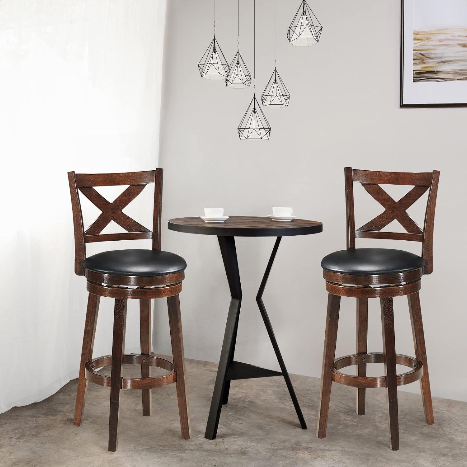 Costway Set of 2 Swivel Stool 29'' Bar Height X-Back Upholstered Dining Chair Rubber Wood Espresso