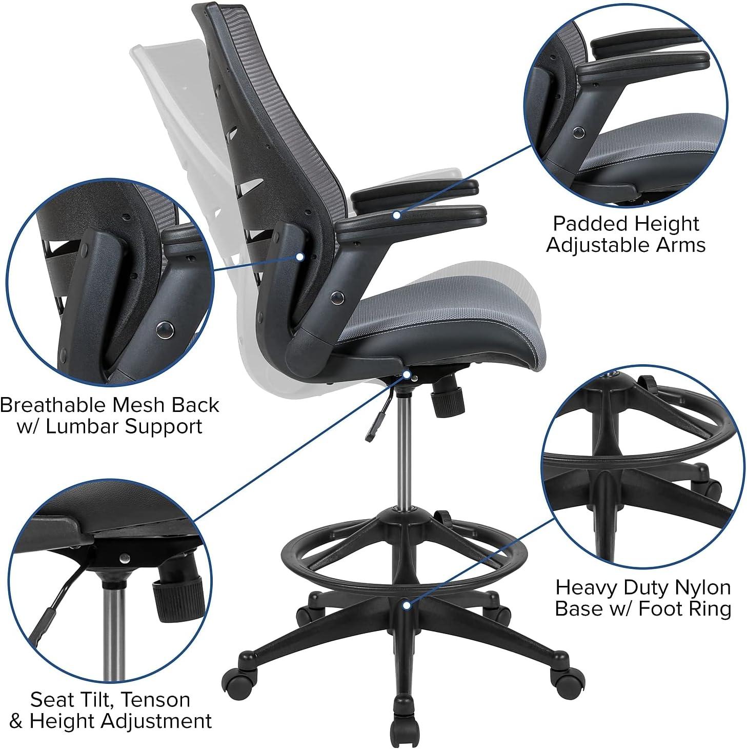 High Back Mesh Spine-Back Ergonomic Drafting Chair with Adjustable Foot Ring