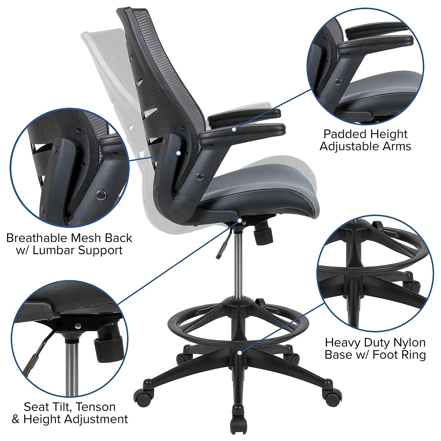 High Back Mesh Spine-Back Ergonomic Drafting Chair with Adjustable Foot Ring