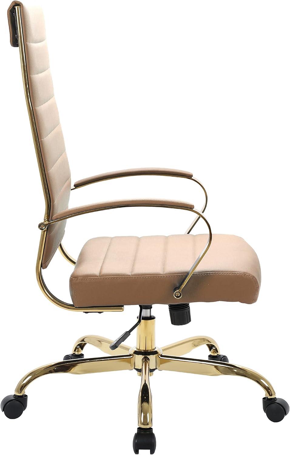 LeisureMod Benmar High-Back Leather Office Chair With Gold Frame in Light Brown