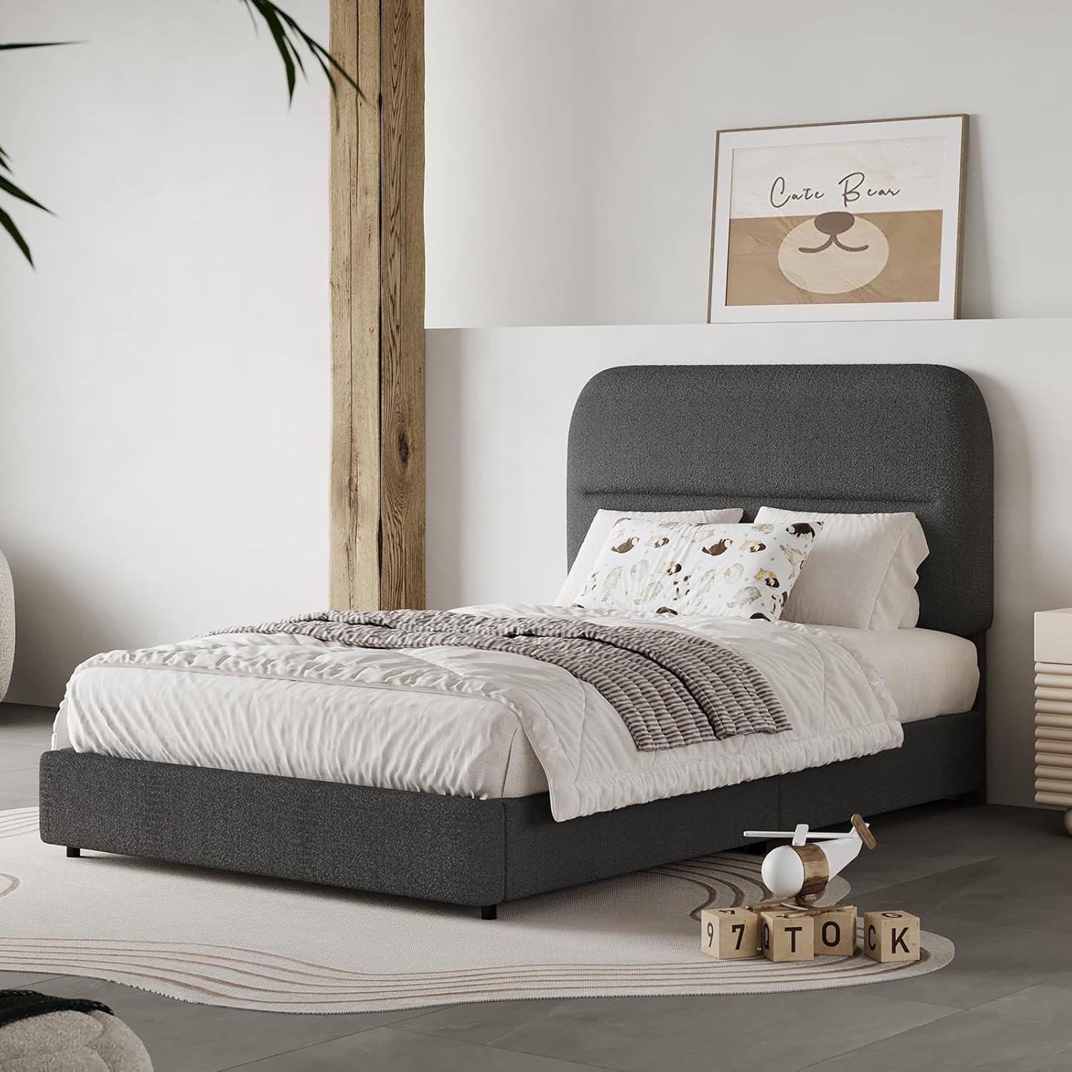 Manfred Boucle Upholstered Cloud Bed Frame with Rounded Corners Headboard, Soft Platform Bed Frame with Thickened Footboard