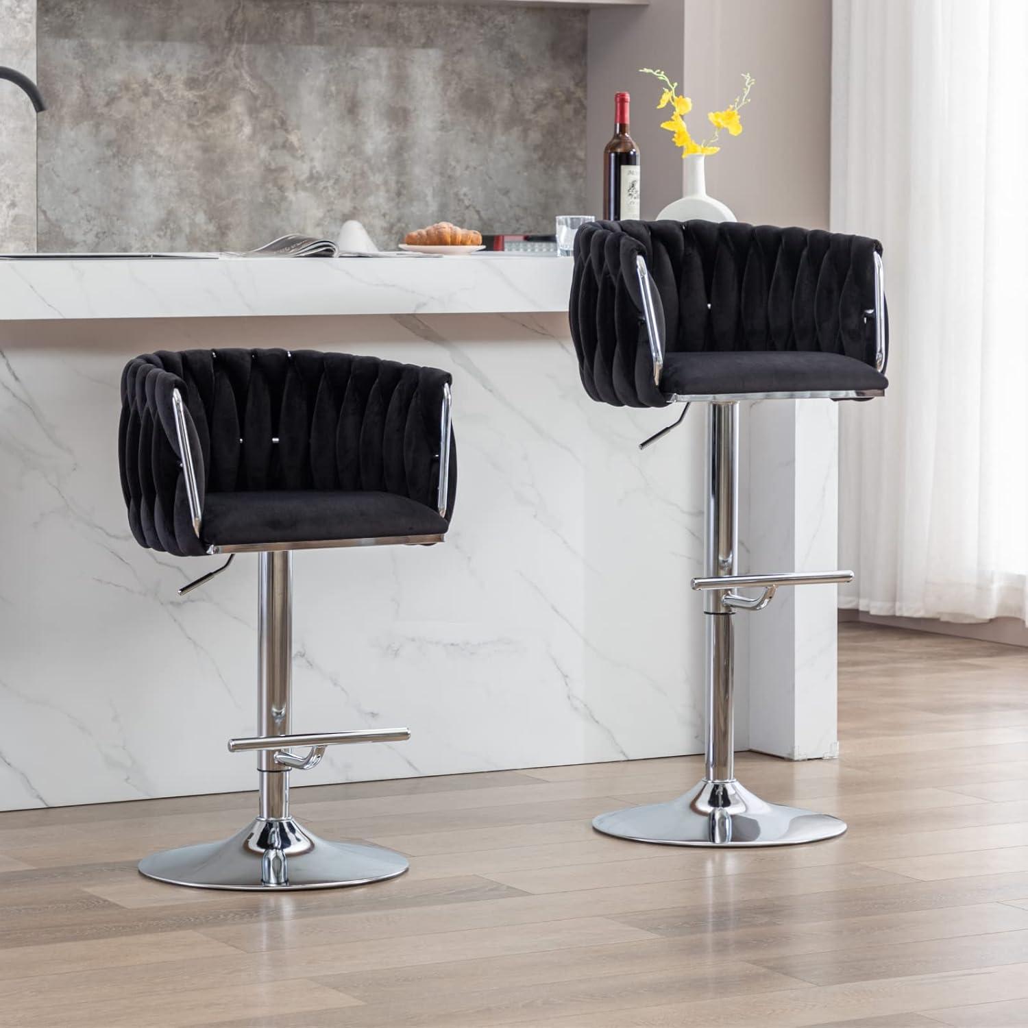 Velvet Bar Stools Set of 2, Counter Height Barstools with Low Back, Swivel Bar Stool for Kitchen Island, Pub (Black)