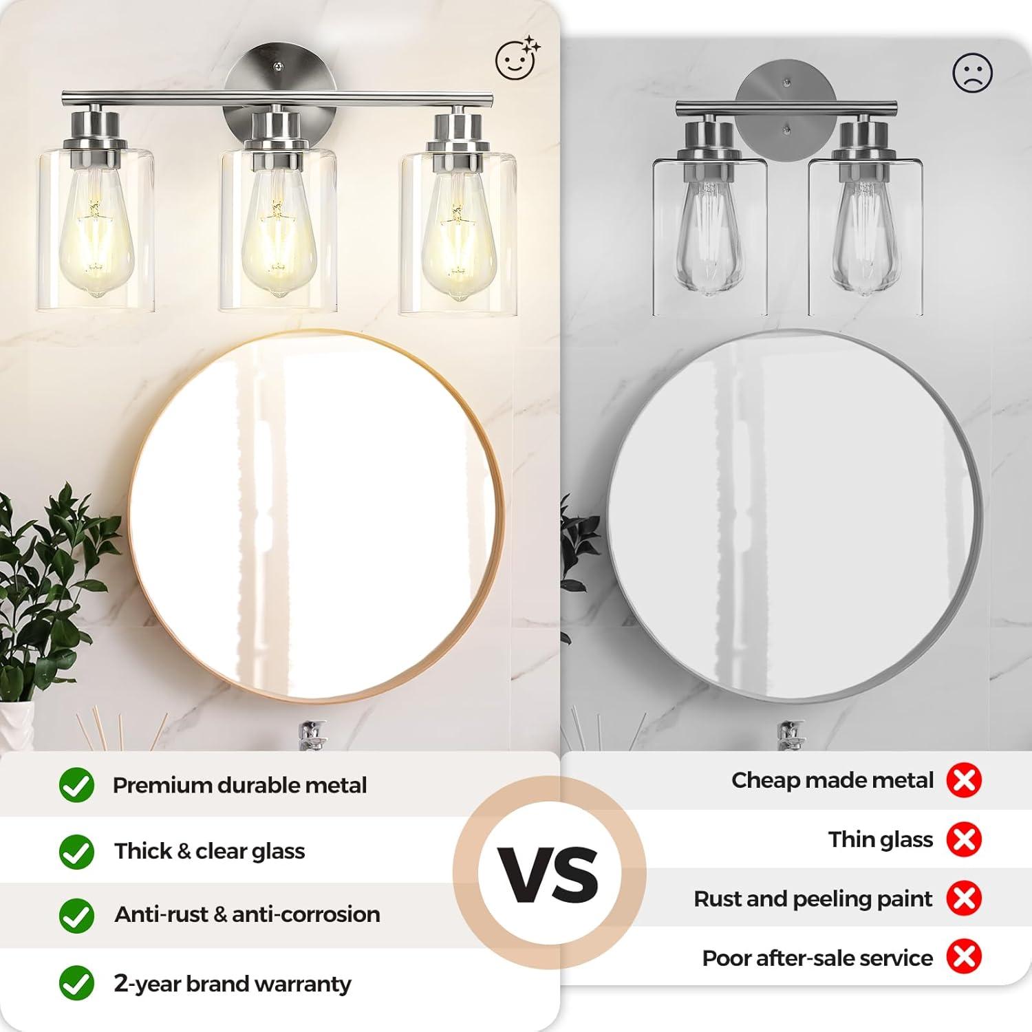 3-Light Bathroom Light Fixtures, Brushed Nickel Vanity Light, Farmhouse Wall Lights with Clear Glass Shade, Bathroom Wall Lamp for Mirror Kitchen Bedroom Hallway Living Room Hallway Cabinet