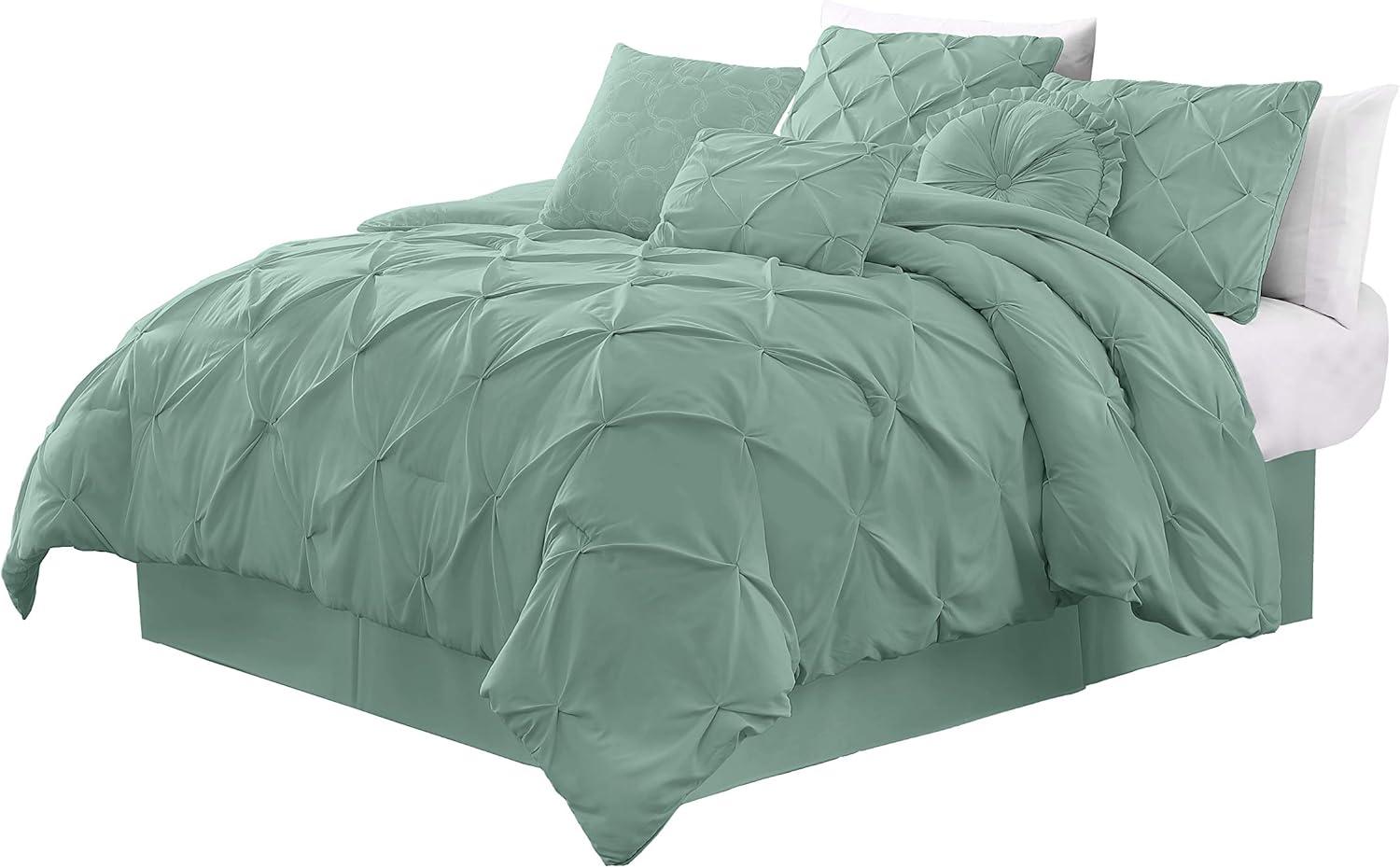 Chezmoi Collection Sydney 7-Piece Pintuck Comforter Set, Full, Seafoam Green