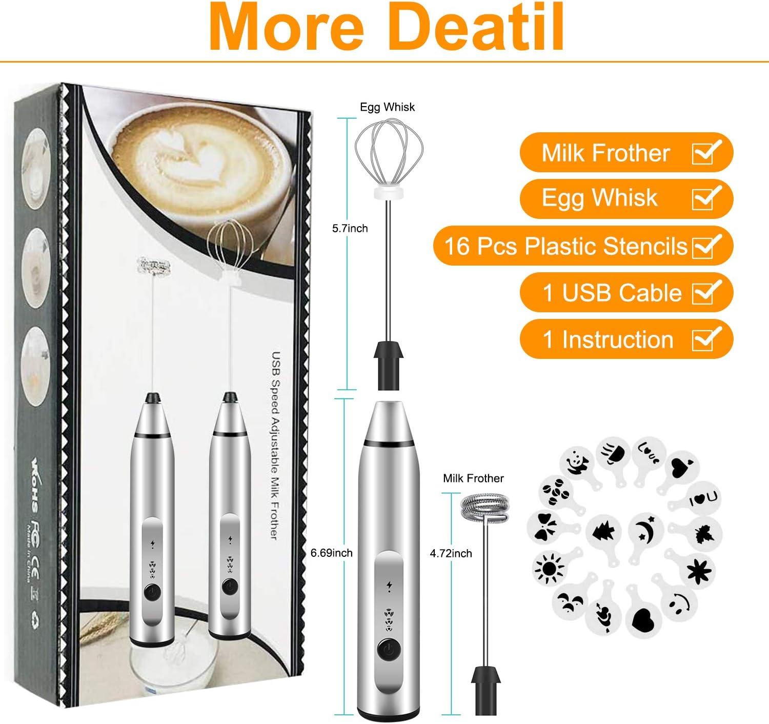 Rechargeable Silver Handheld Milk Frother with Art Stencils