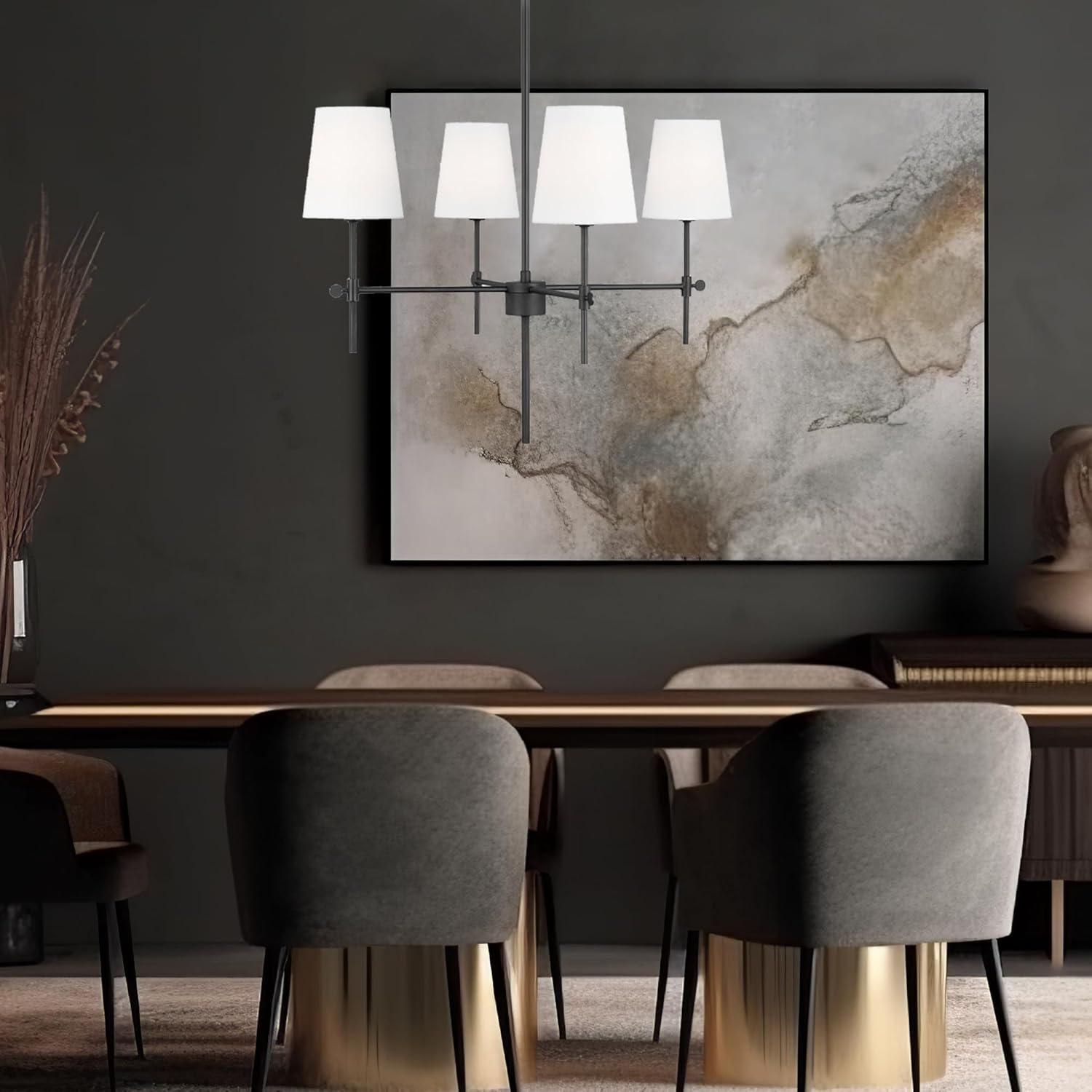Baker 4-Light Midnight Black Hanging Chandelier With White Linen Fabric Shades