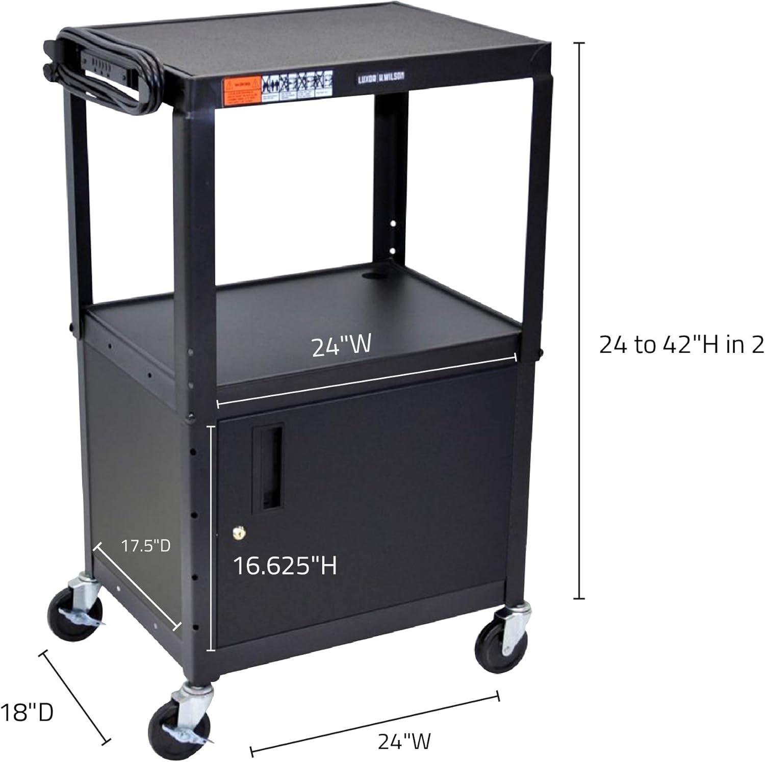 Adjustable Black Steel AV Utility Cart with Locking Cabinet