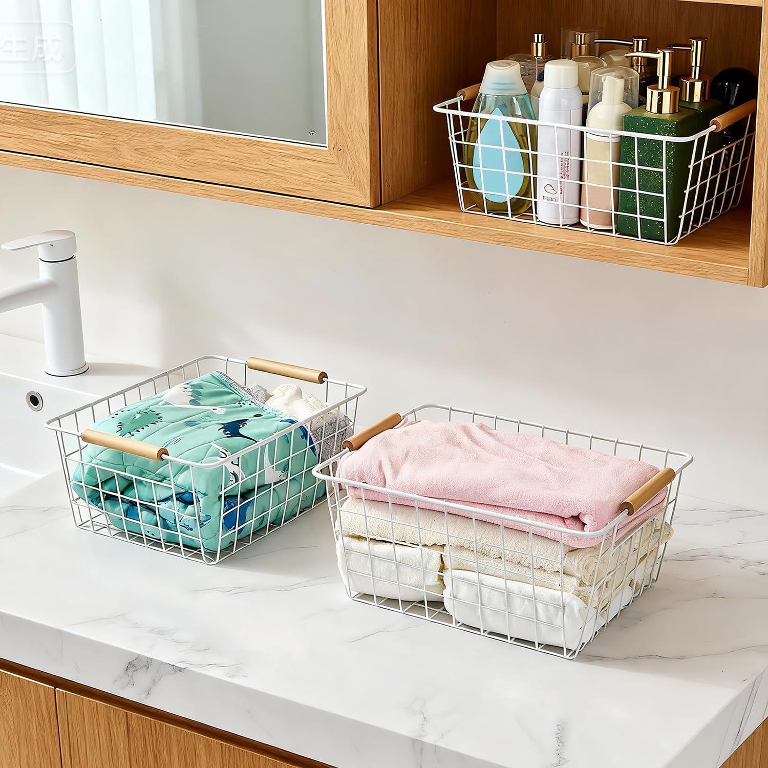 Wire Basket 2 Pcs Wire Storage Baskets Wire Baskets Organizing with Wooden Handles Wire Basket Pantry Organization and Storage Metal Wire Food Storage Basket for Kitchen, Cabinets (White 2PCS)